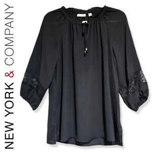 ✨️4/$20. NY&C Black Long Sleeve Blouse Lace Detail, Peasant Ruffle w/ Neck Tie